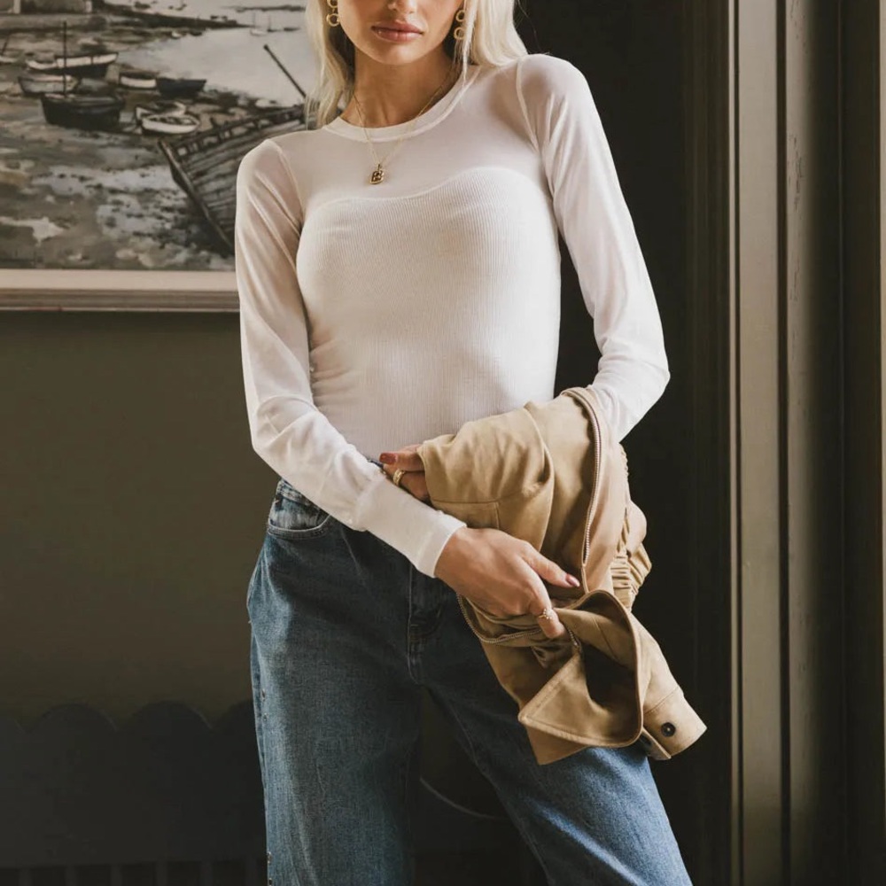 ⭐️ 2/$30 ⭐️ Cream Fitted Long Sleeve Knit Blouse with Sheer Top
